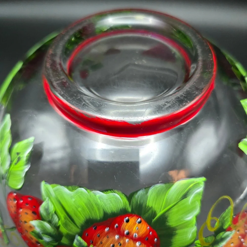 Hand Painted Strawberry Glass Serving Salad Bowl Triangular‎ Ruffled Clear Red